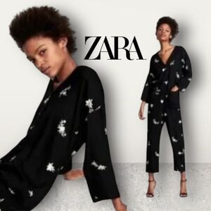 ZARA Premium Collection Black Floral Embroidered Jumpsuit M Cropped Wide Leg
